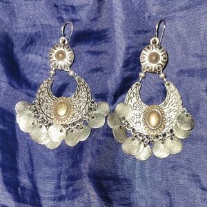 World Market Boho Style Earrings Silver Color Metal, Brass Accents